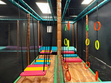 Strength-building elements of the play structure, including climbing and balance features.